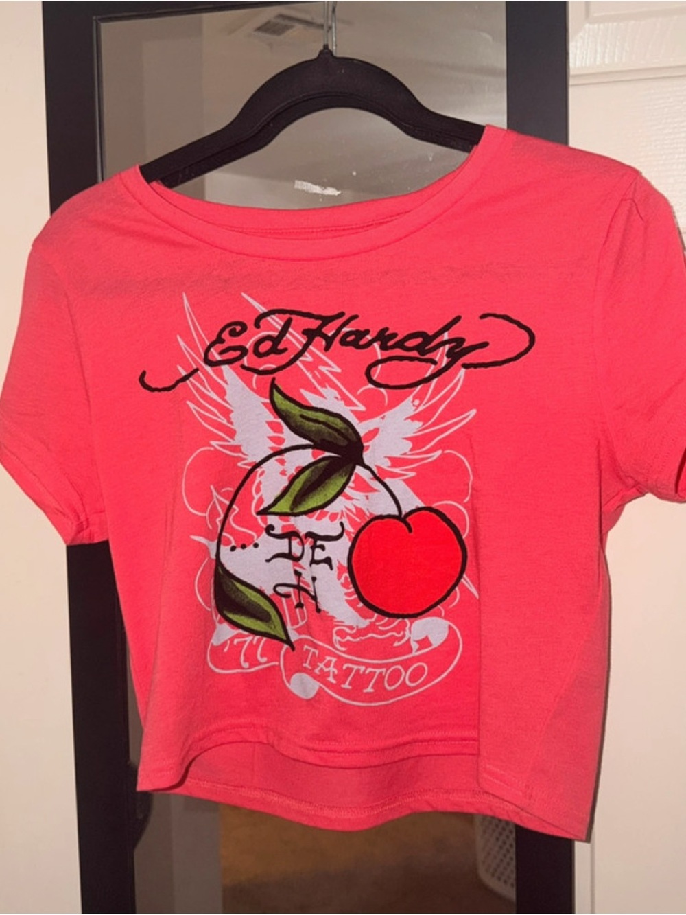 Ed Hardy Coral Graphic Crop Tee - Cherry Print Size Large